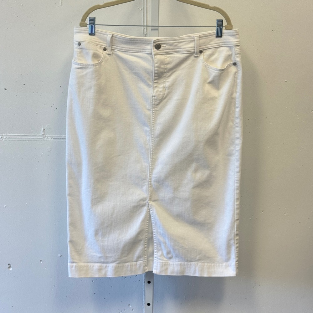 Talbots Petite White Denim Pencil Midi Skirt Cotton‎ Blend Stretch 16P Stretch